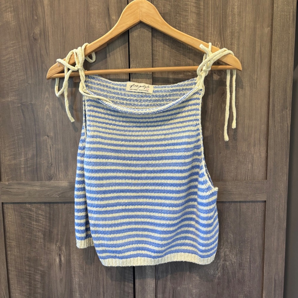 Free People Clair Knit Tank Sweater Blue Cream Striped Tie Shoulder Top Medium
